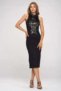 Thumbnail for Embellished Beaded Front High Neck Midi Dress