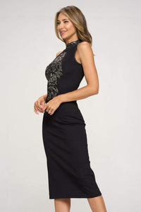 Thumbnail for Embellished Beaded Front High Neck Midi Dress