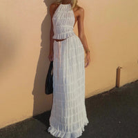 Thumbnail for 2pcs Women's Dress Suit Sexy Sleeveless Backless Cropped Halter Top And Pleated Long Dress