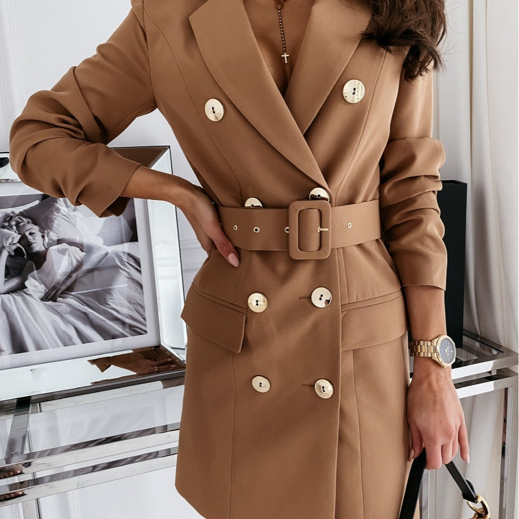 Long Sleeve With Belt Color Dress And Coat Women's Clothing