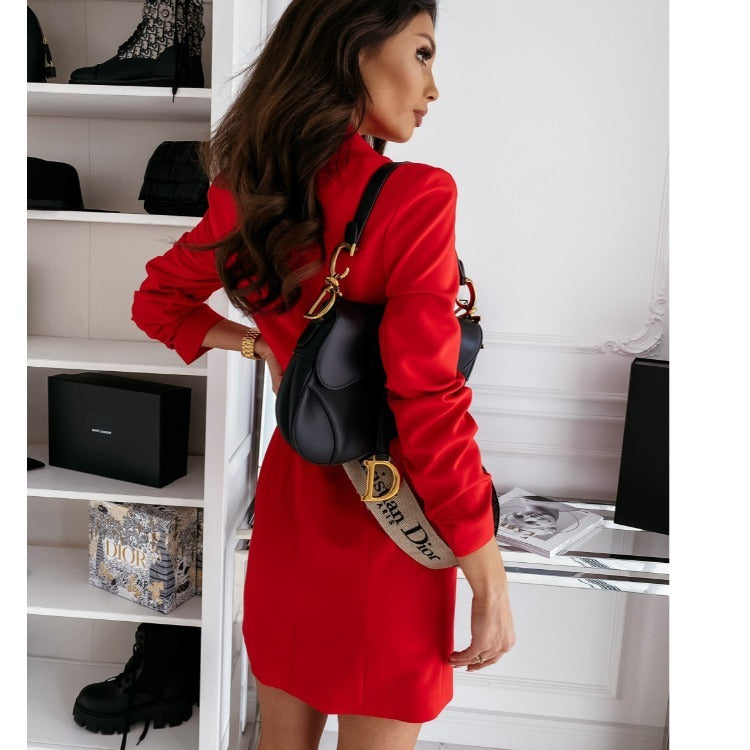 Long Sleeve With Belt Color Dress And Coat Women's Clothing