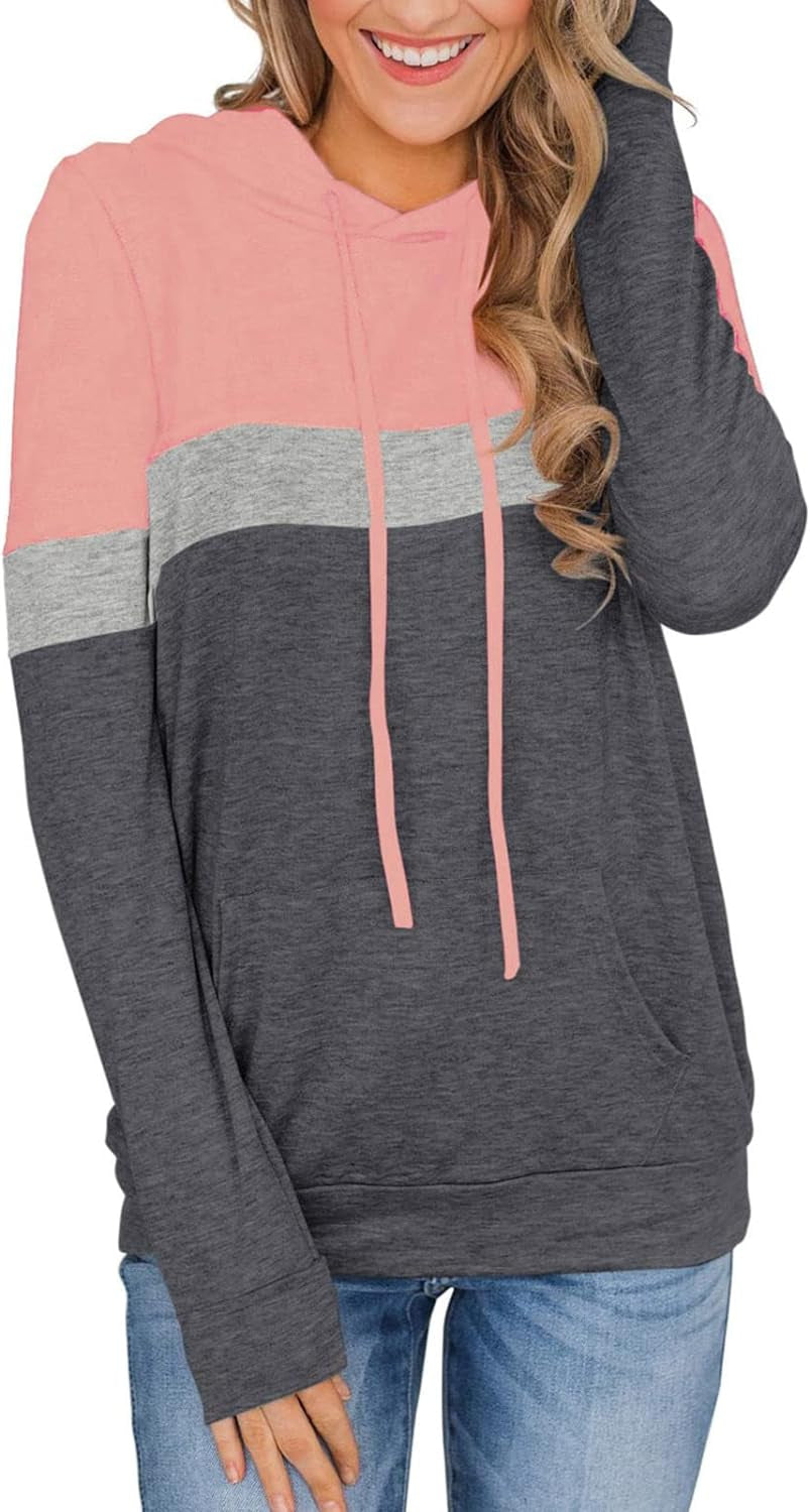 Women'S Casual Color Block Hoodies Tops Long Sleeve Drawstring Pullover Sweatshirts with Pocket(S-Xxl)