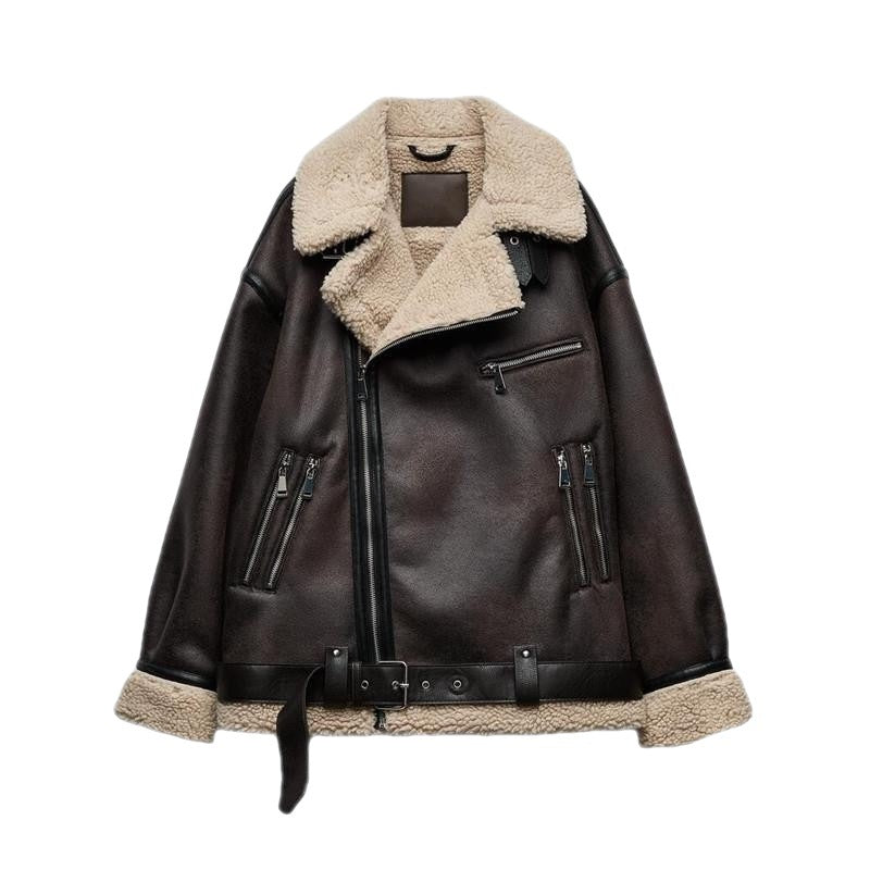 Women's Suede Fur Integrated Motorcycle Jacket