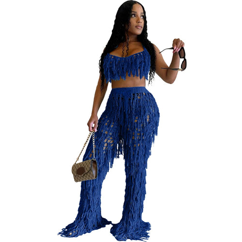 Hollow Out Hand Crochet Tassel 2 Piece Sets Women Sexy Summer Beach