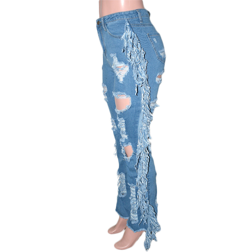 Echoine Casual Hole Ripped Light Blue Hight Waist Denim Pants Women