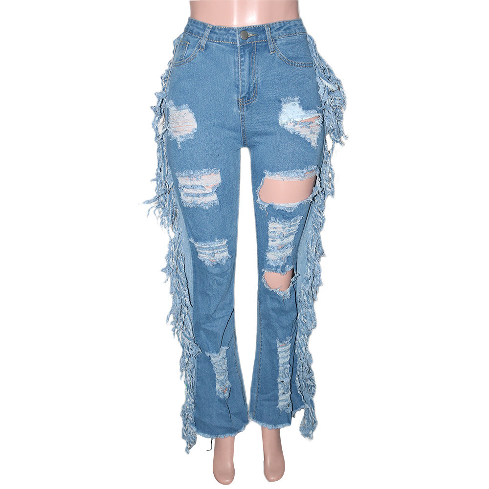 Echoine Casual Hole Ripped Light Blue Hight Waist Denim Pants Women