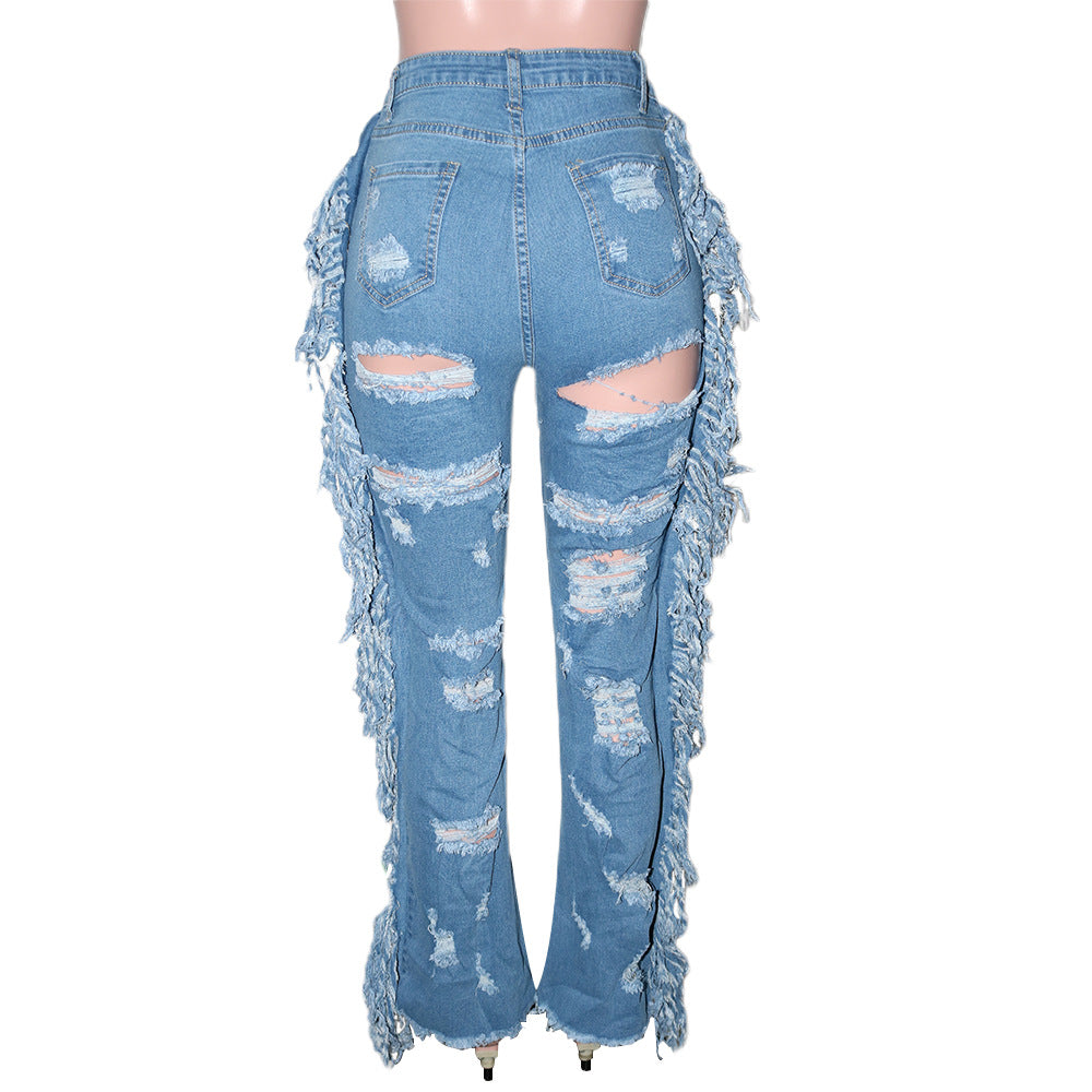 Echoine Casual Hole Ripped Light Blue Hight Waist Denim Pants Women