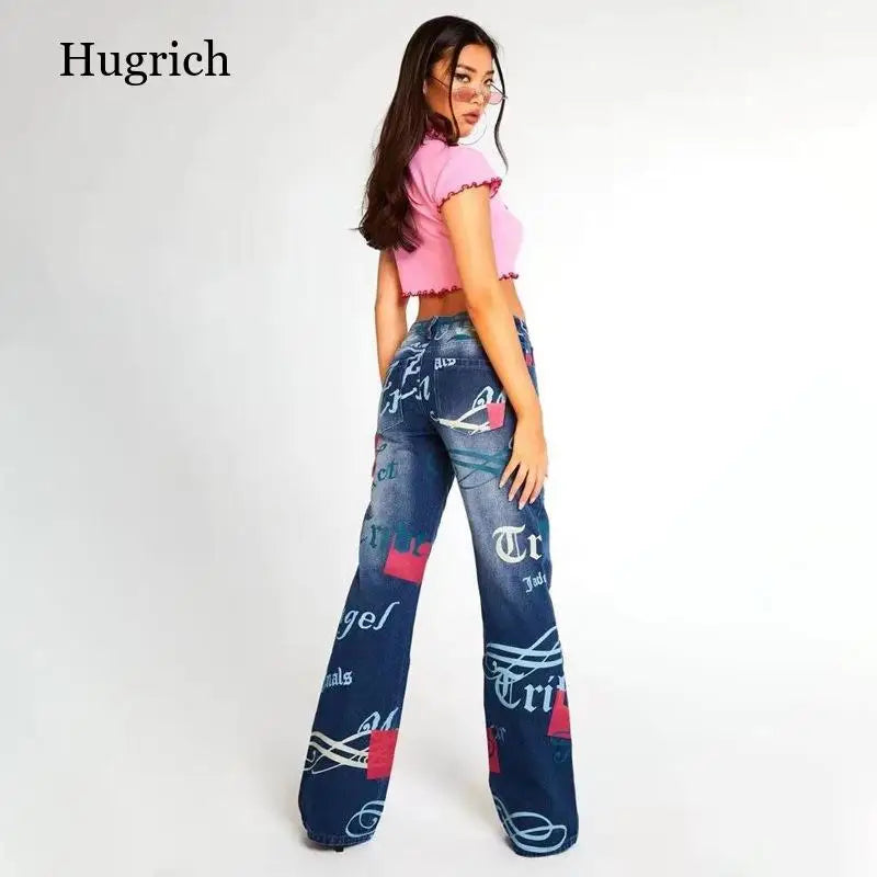 Fashion Letter Pattern Jeans Women Blue Vintage Streetwear Denim