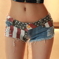 Thumbnail for Women's Low-rise American Flag Print Ripped Denim Shorts Jeans Mini