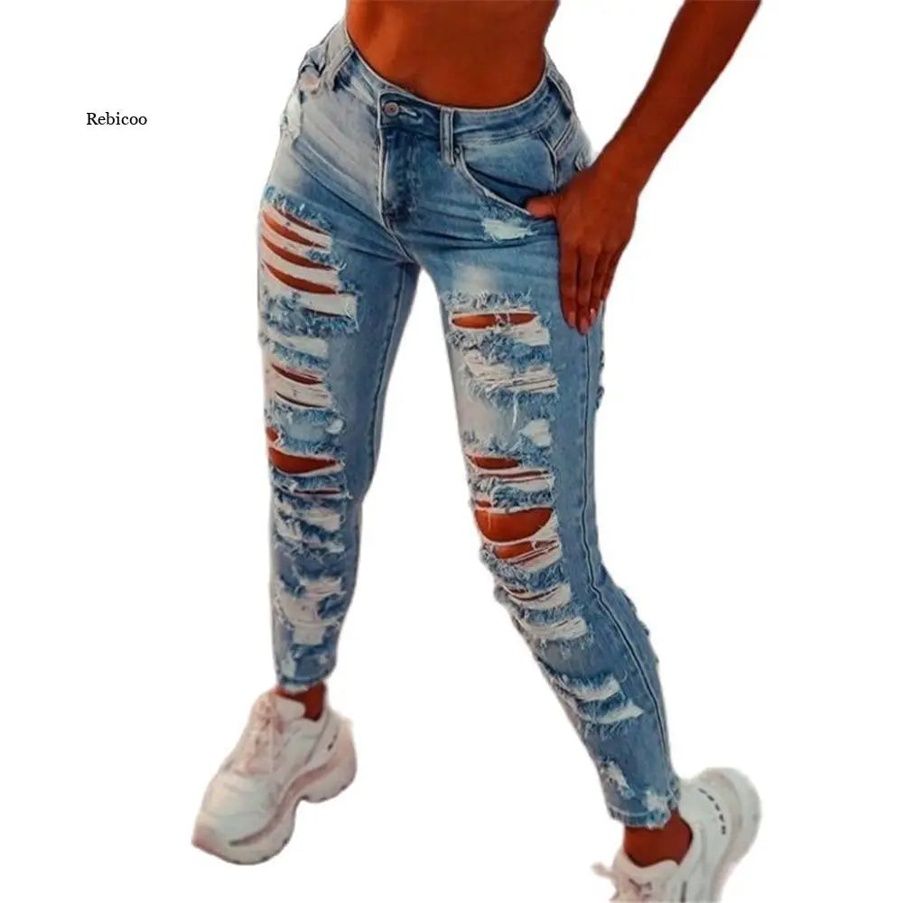 Women Ripped Cut Out Jeans Sexy Hole Hollow Out Stretch Skinny