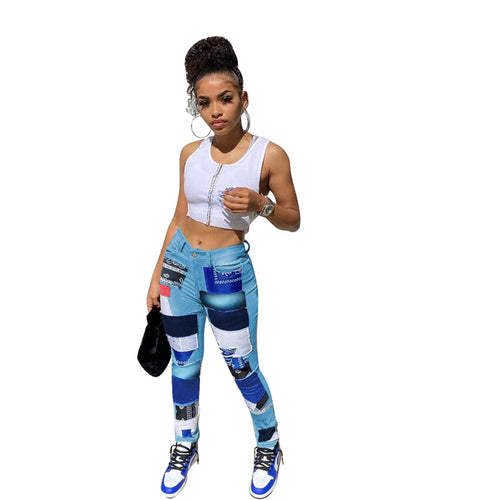 Denim Blue Pants Streetwear Women Sweatpants Casual Mid Waist