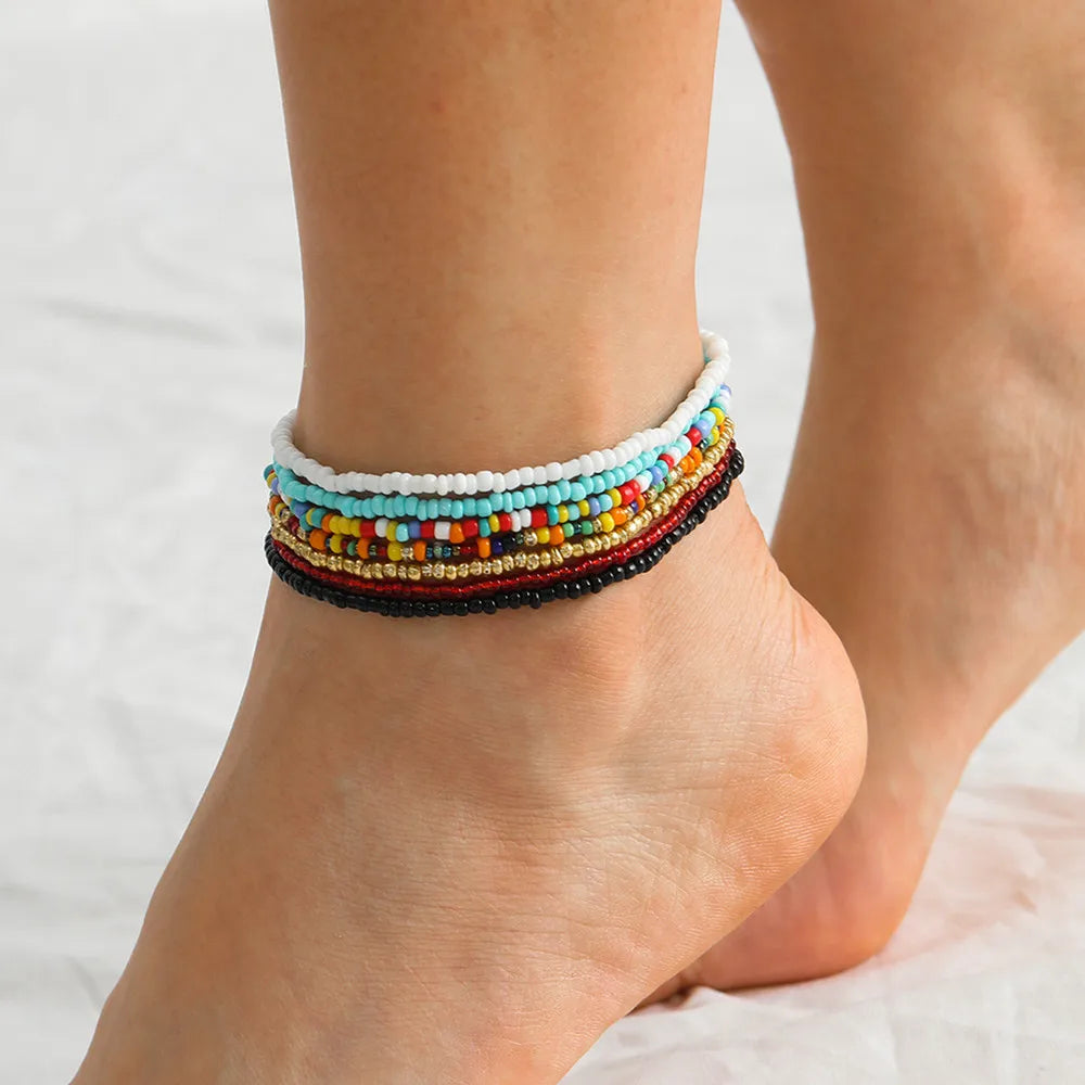 7Pcs/Set Bohemian Multicolor Beaded Chain Anklet Bracelet Set for