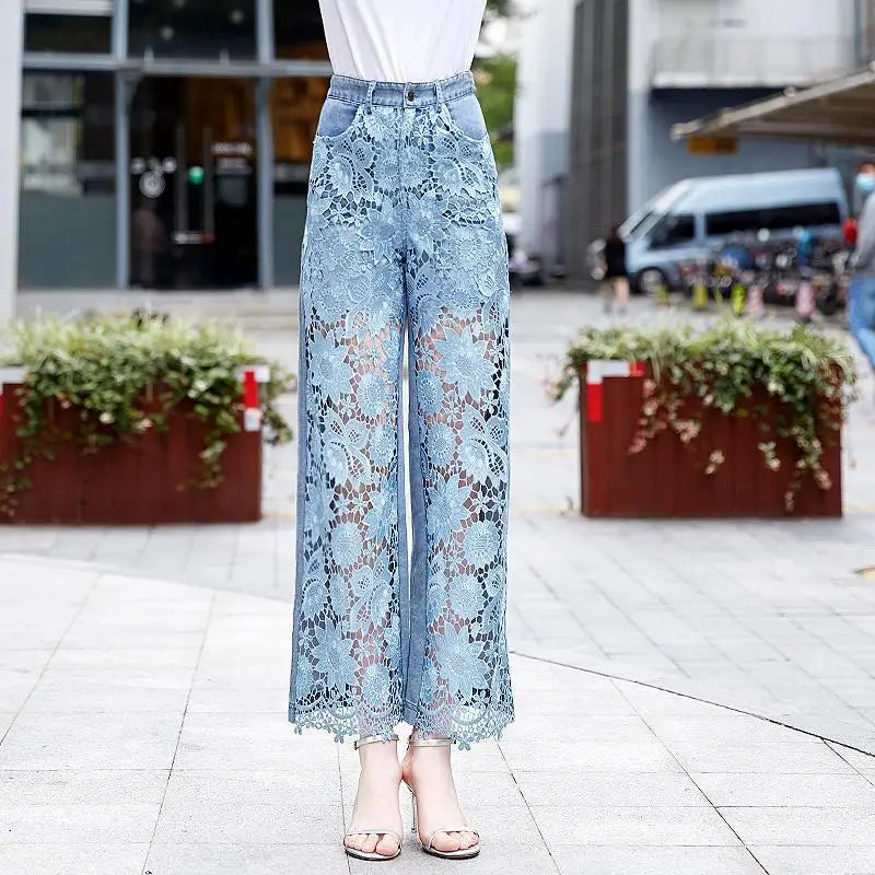 High Waist Wide Leg Denim Pants Women Fashion Hollow Lace Patchwork