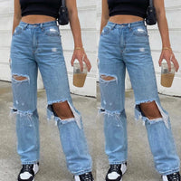 Thumbnail for Women Loose Denim Jeans 2022 Ripped Wide Leg For Women High Waist Blue