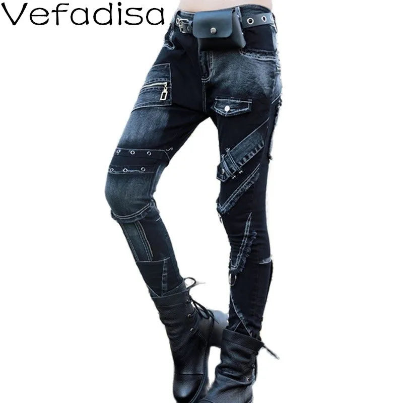 Vefadisa Black Multi-pocket Denim Pencil Pants Women 2024 Spring