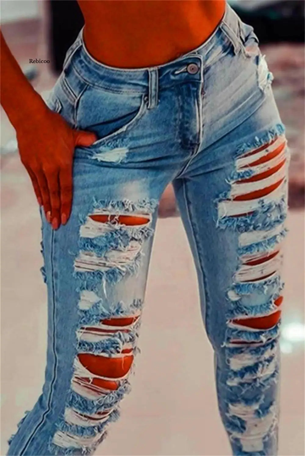 Women Ripped Cut Out Jeans Sexy Hole Hollow Out Stretch Skinny