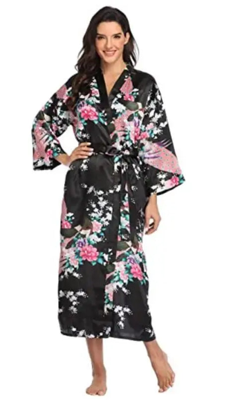 Hot Sale Black Summer Satin Kimono Bathrobe Women Bride Bridesmaid