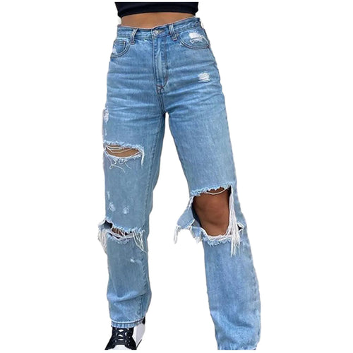 Women Loose Denim Jeans 2022 Ripped Wide Leg For Women High Waist Blue