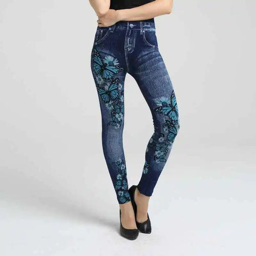 Lady Spring Autumn new imitation jeans leggings casual fake denim blue