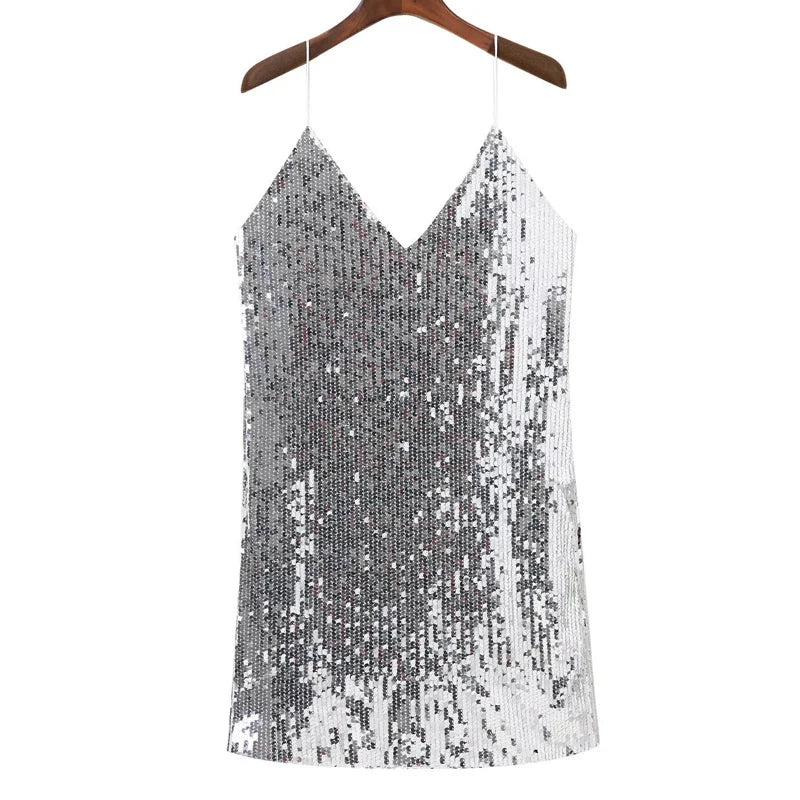 Deep V Neck Autumn Silver Sequined Backless Sexy Dress Women Off