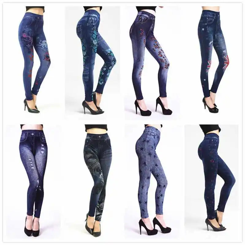 Lady Spring Autumn new imitation jeans leggings casual fake denim blue