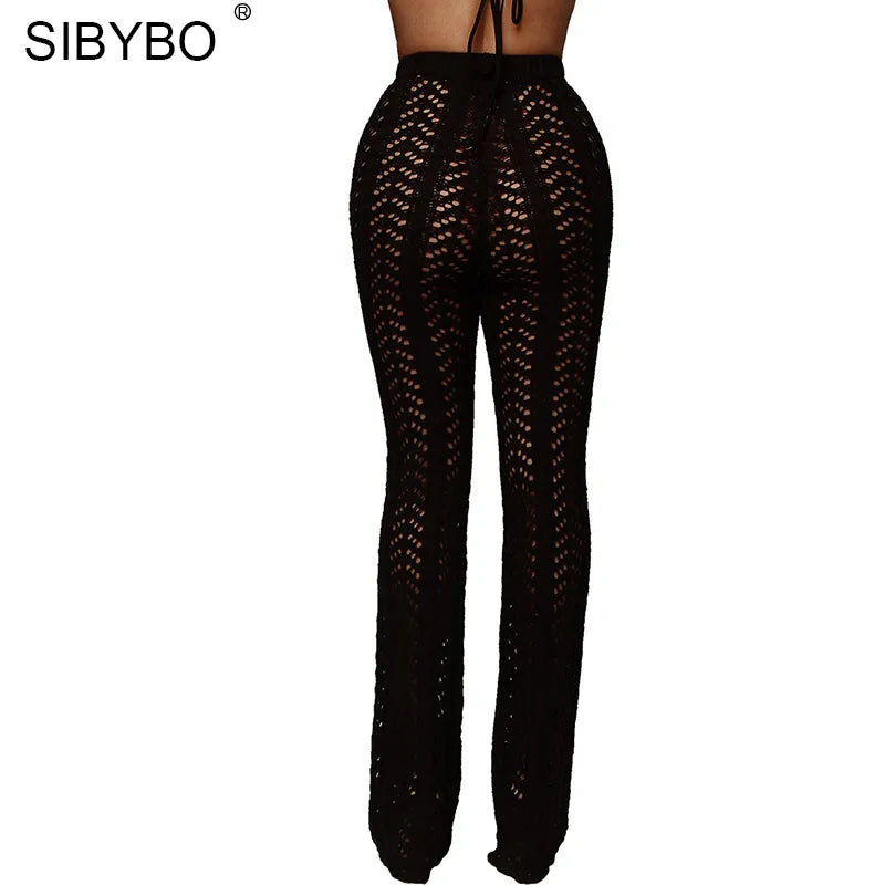 Sibybo Hollow Out Knitted High Waist Sexy Pants Women Fashion Crochet