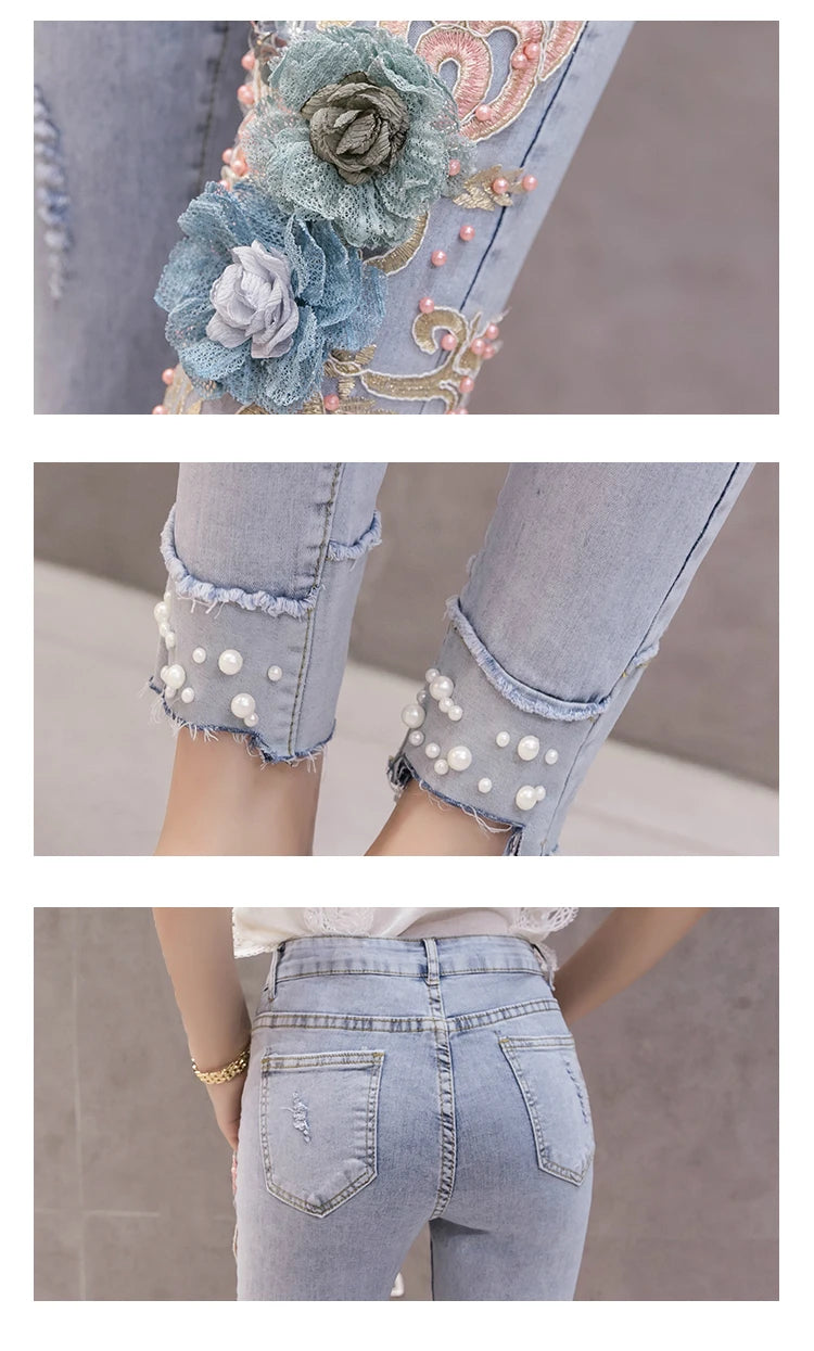 Summer Korean Women High Waisted Stretch Pearls Pencil Skinny Denim