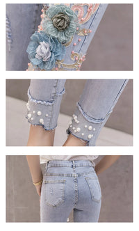 Thumbnail for Summer Korean Women High Waisted Stretch Pearls Pencil Skinny Denim