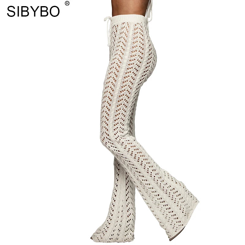 Sibybo Hollow Out Knitted High Waist Sexy Pants Women Fashion Crochet