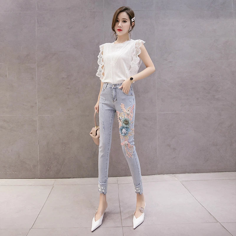 Summer Korean Women High Waisted Stretch Pearls Pencil Skinny Denim