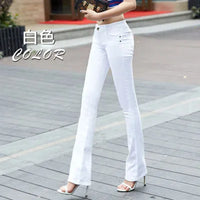 Thumbnail for Women's White 80% Cotton Flare Denim Pants Mom's Fomal Skinny Stretch