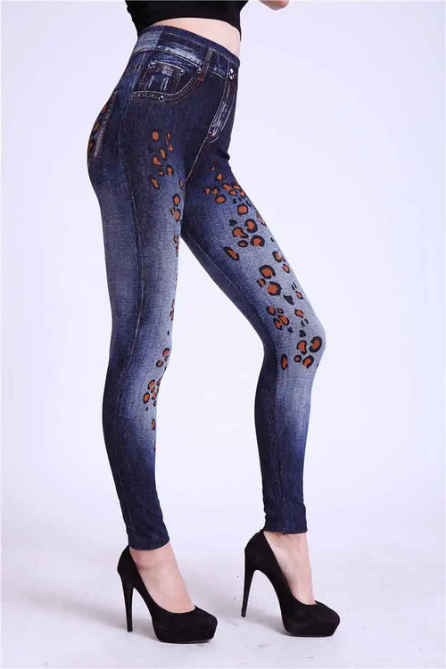 Lady Spring Autumn new imitation jeans leggings casual fake denim blue