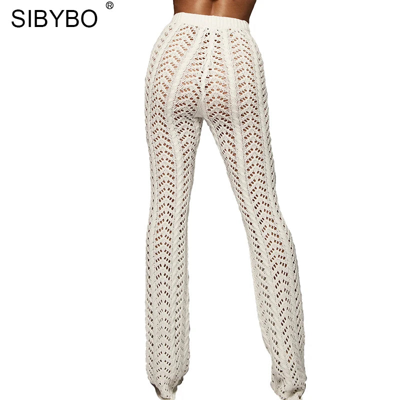 Sibybo Hollow Out Knitted High Waist Sexy Pants Women Fashion Crochet