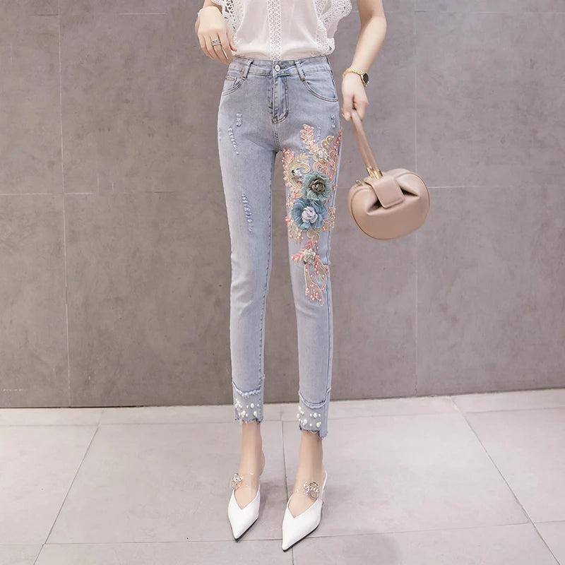 Summer Korean Women High Waisted Stretch Pearls Pencil Skinny Denim