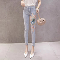 Thumbnail for Summer Korean Women High Waisted Stretch Pearls Pencil Skinny Denim