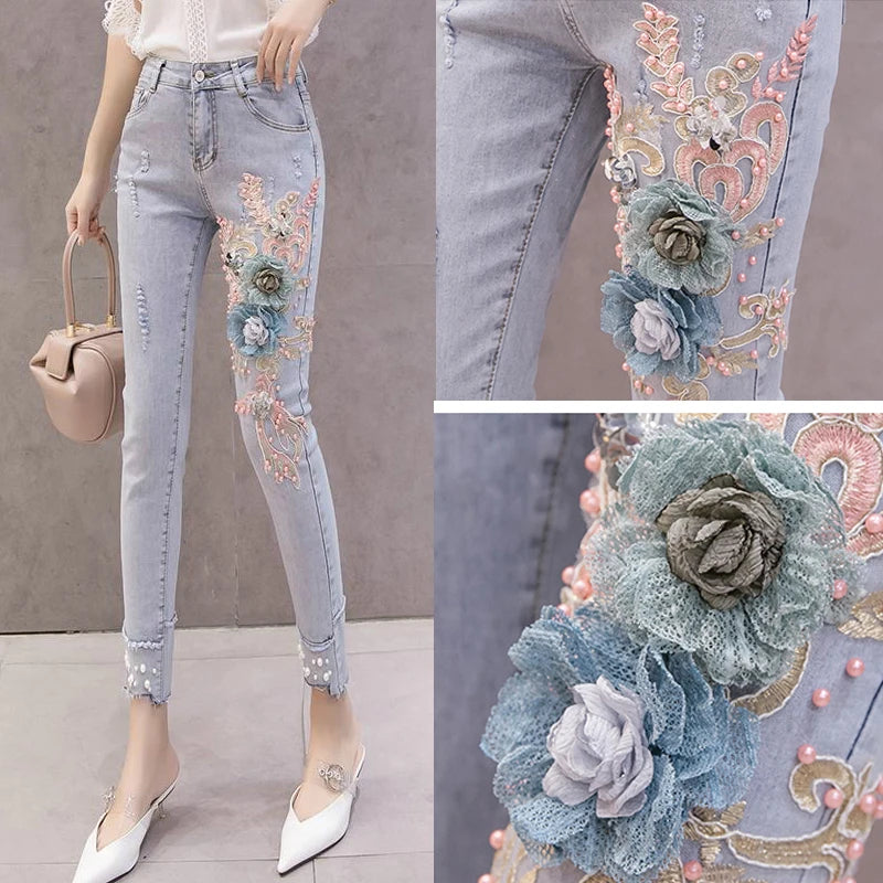 Summer Korean Women High Waisted Stretch Pearls Pencil Skinny Denim