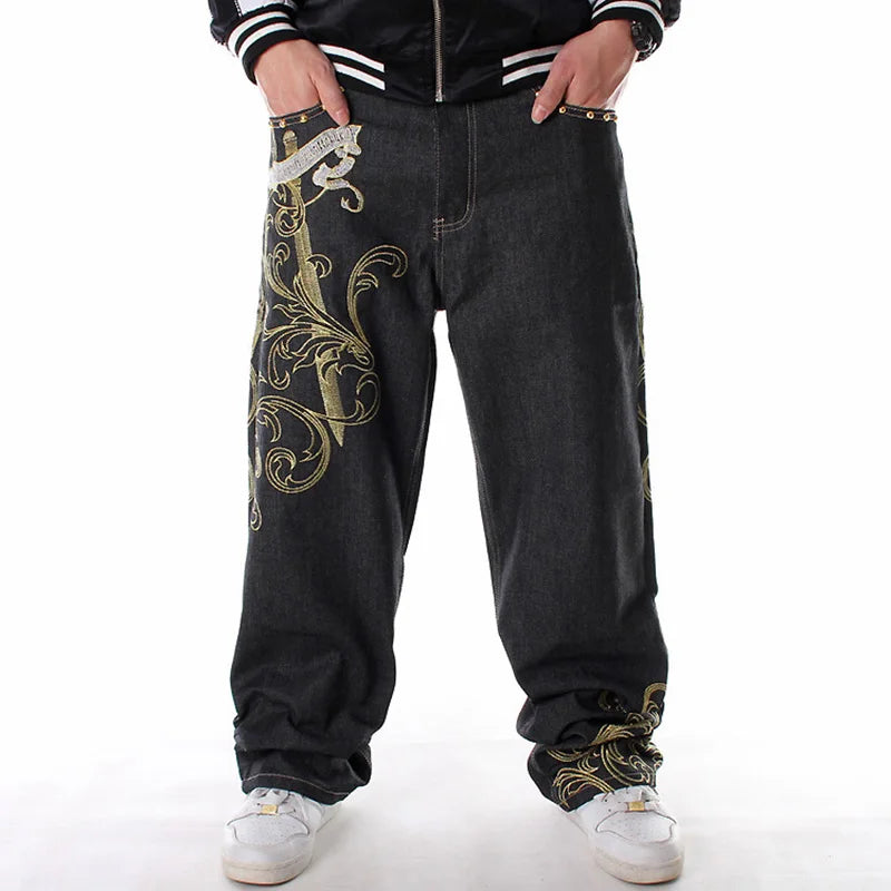 Nanaco Mens Loose Jeans Wide Leg Fashion Embroidery Skateboarder Hip