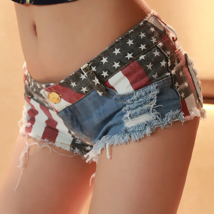 Women's Low-rise American Flag Print Ripped Denim Shorts Jeans Mini