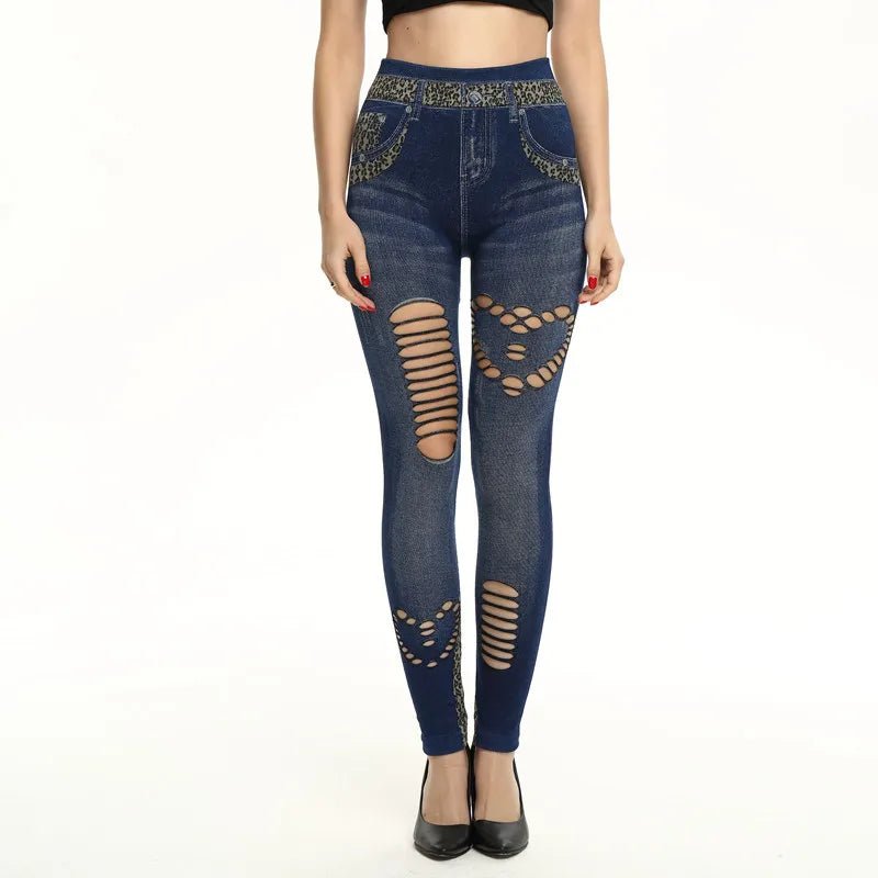 Lady Spring Autumn new imitation jeans leggings casual fake denim blue