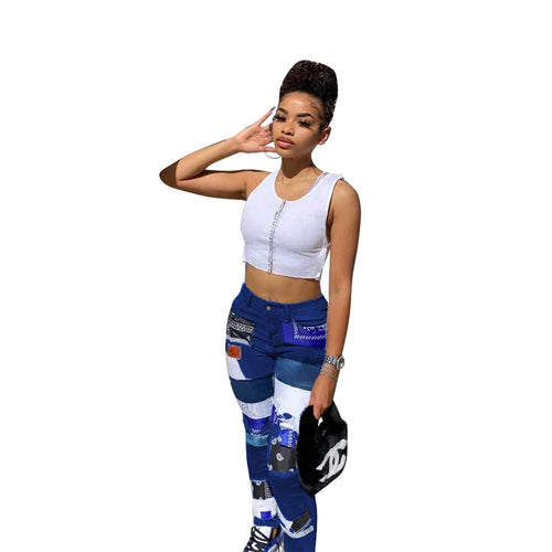 Denim Blue Pants Streetwear Women Sweatpants Casual Mid Waist