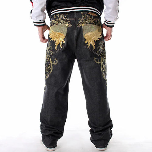 Nanaco Mens Loose Jeans Wide Leg Fashion Embroidery Skateboarder Hip