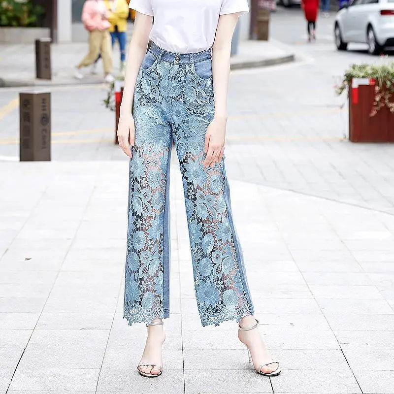 High Waist Wide Leg Denim Pants Women Fashion Hollow Lace Patchwork