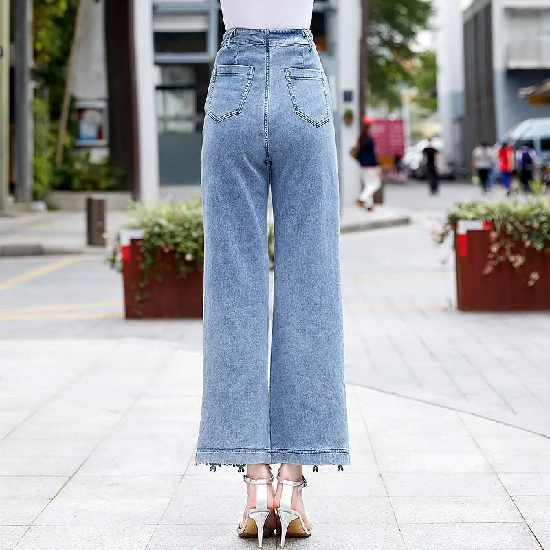 High Waist Wide Leg Denim Pants Women Fashion Hollow Lace Patchwork