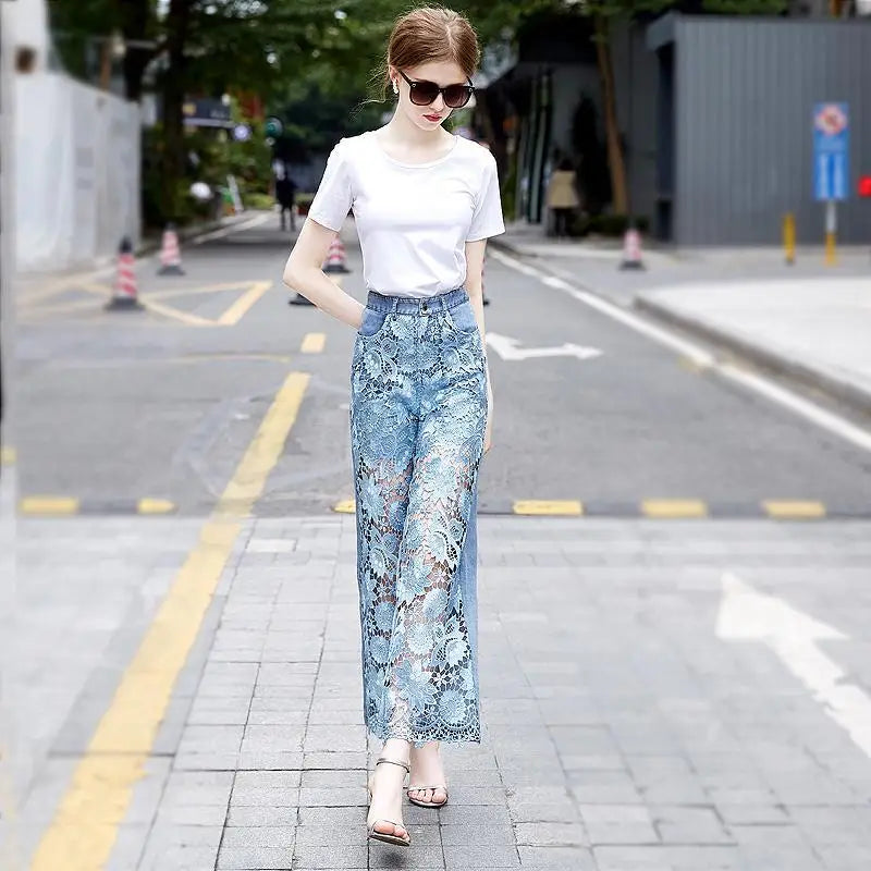 High Waist Wide Leg Denim Pants Women Fashion Hollow Lace Patchwork