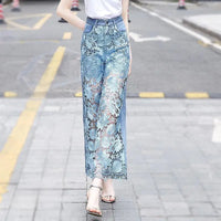 Thumbnail for High Waist Wide Leg Denim Pants Women Fashion Hollow Lace Patchwork