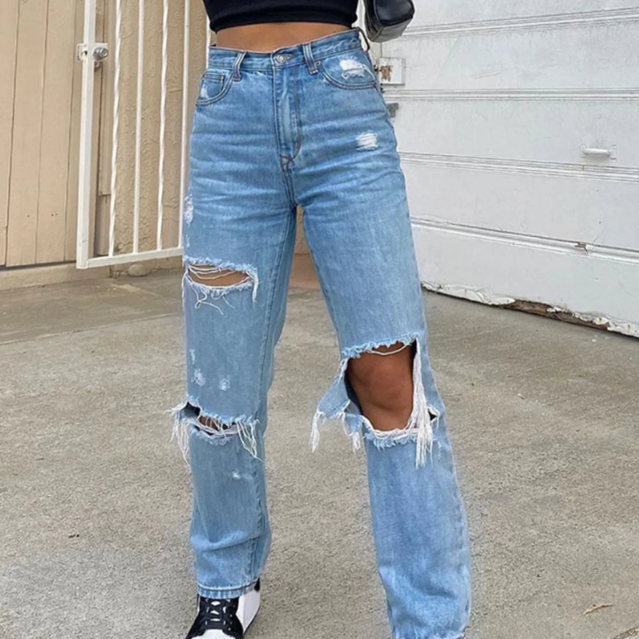 Women Loose Denim Jeans 2022 Ripped Wide Leg For Women High Waist Blue