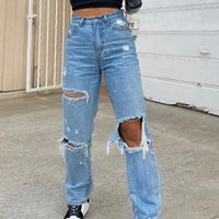 Thumbnail for Women Loose Denim Jeans 2022 Ripped Wide Leg For Women High Waist Blue