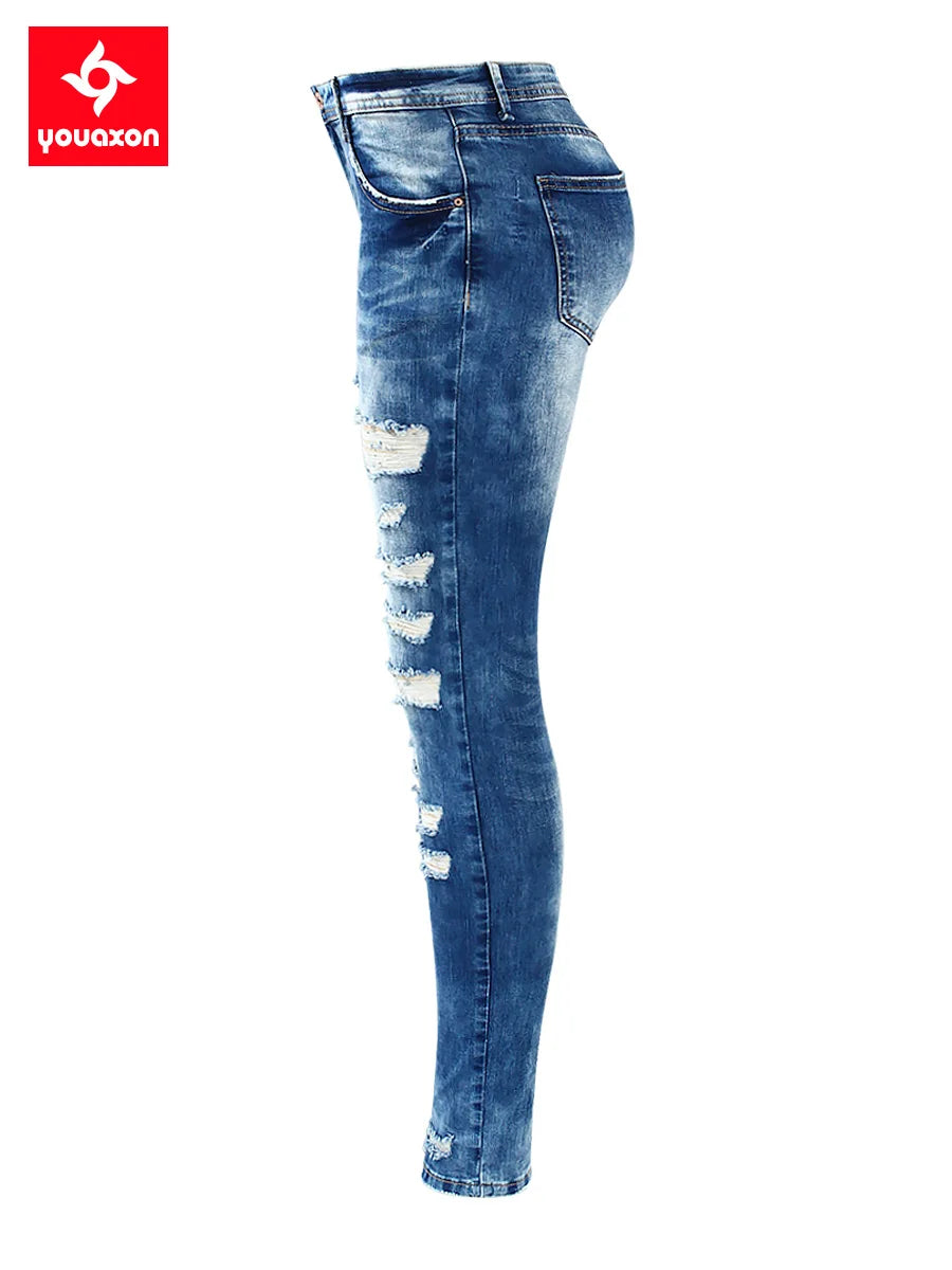 2045 Youaxon Women`s Fashion Blue Low Rise Skinny Distressed Washed