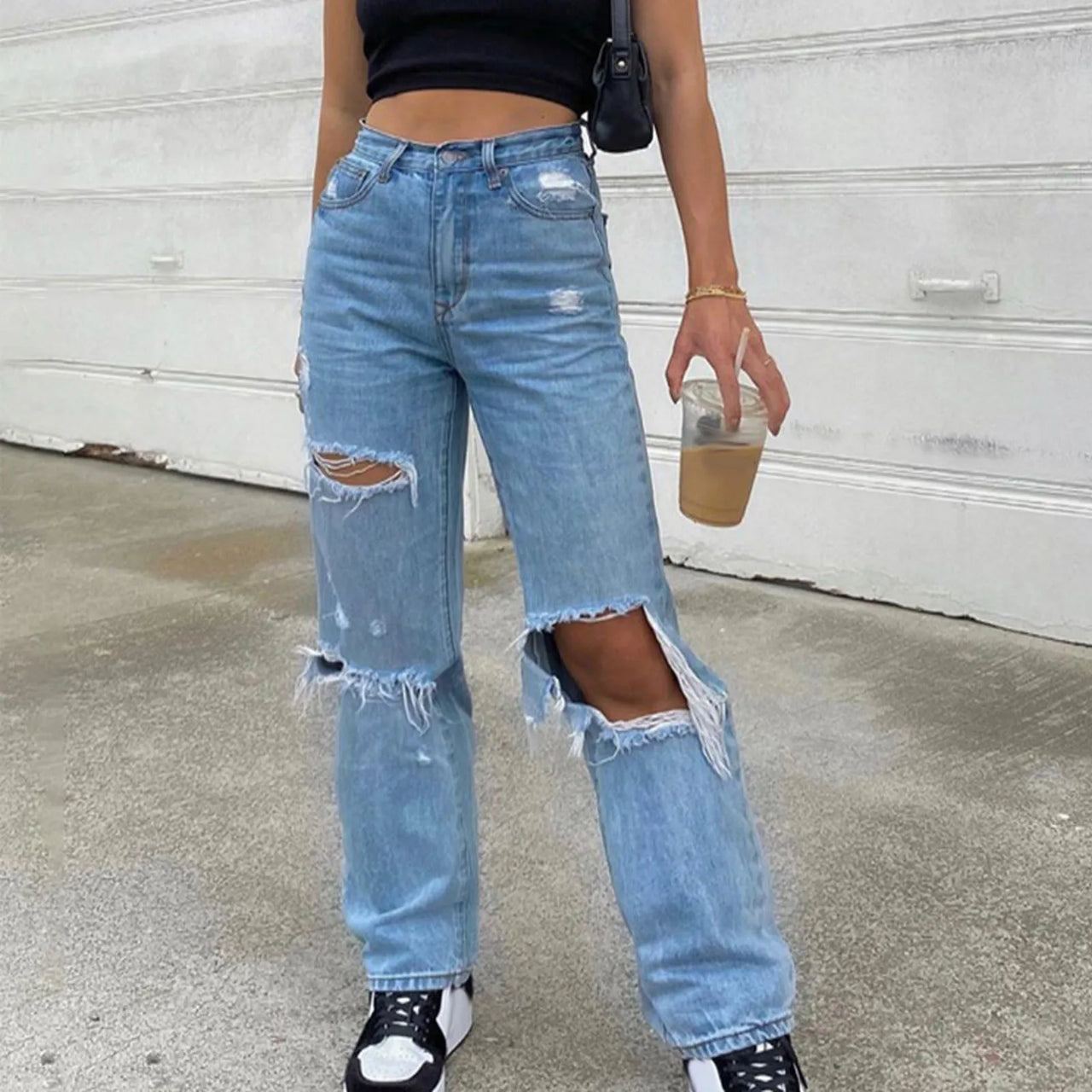 Women Loose Denim Jeans 2022 Ripped Wide Leg For Women High Waist Blue