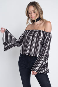 Thumbnail for Women's Off Shoulder Casual Stripe Bell Sleeve Top